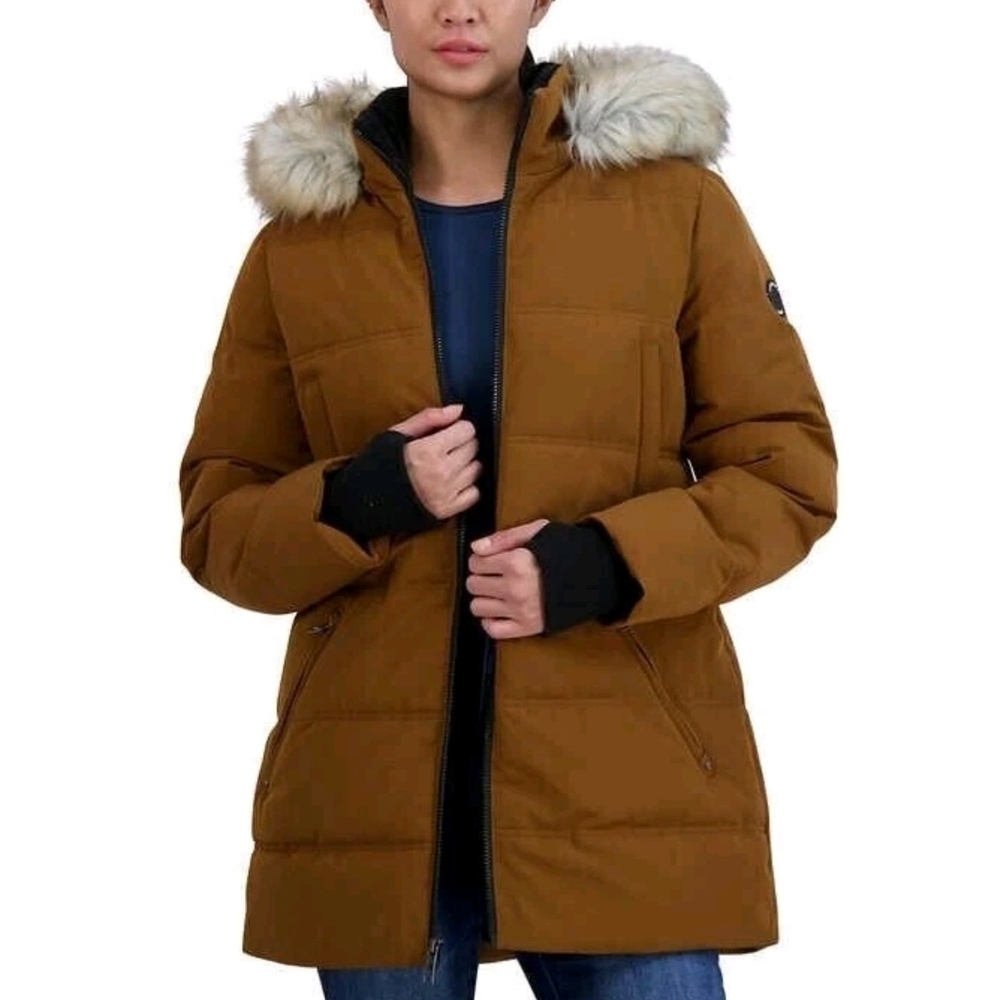 Nautica Women's Tan Puffer Coat with Faux Fur Hood